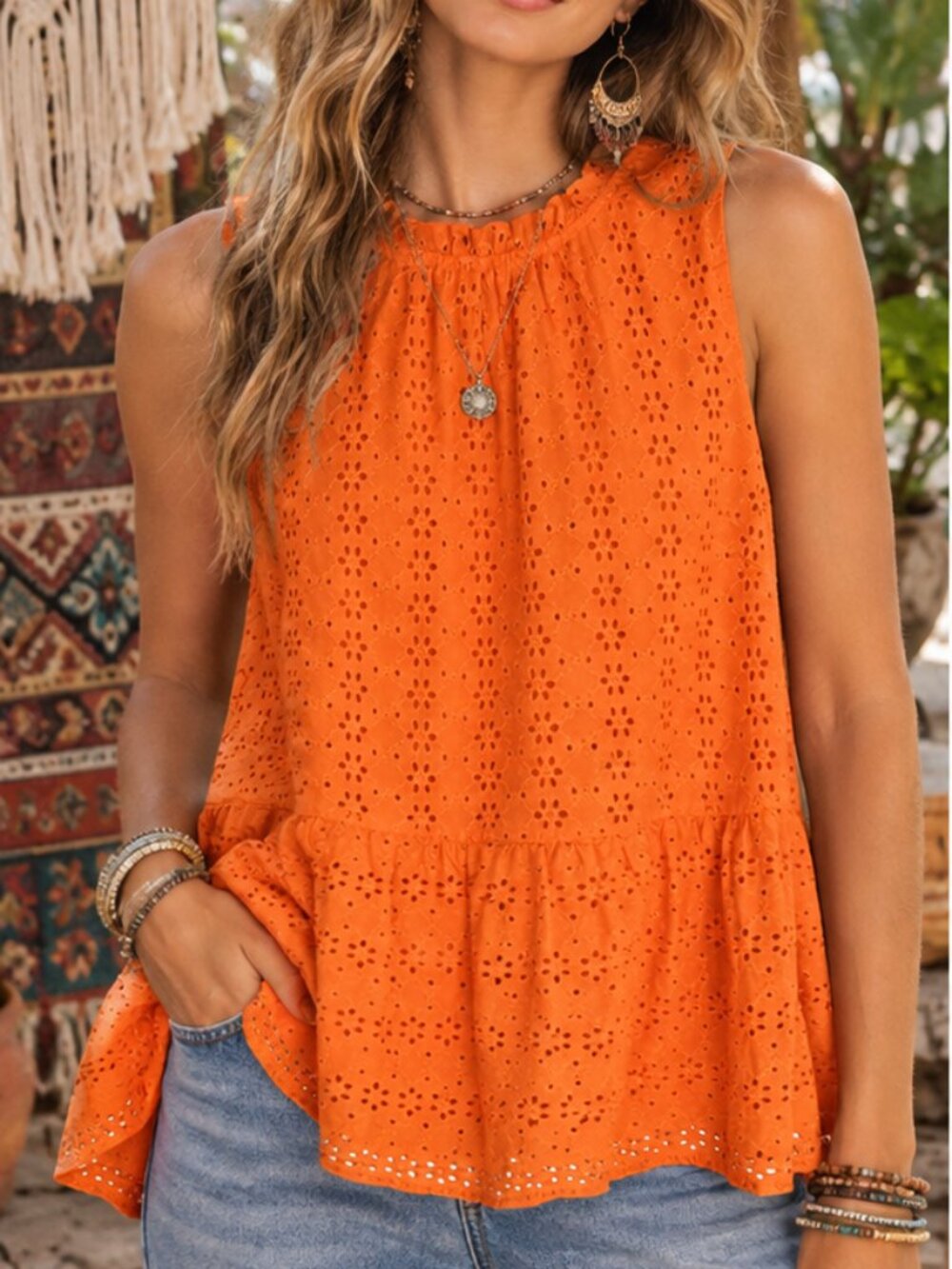 Loft Blouse Women's Size Large Orange Eyelet *Small Imperfection In Fabric**